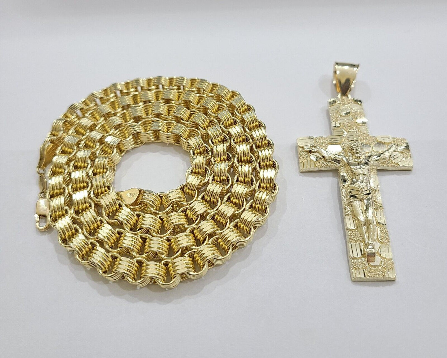Real 10k Yellow Gold Box Byzantine Chain 24'' Necklace Jesus Cross Charm pendant