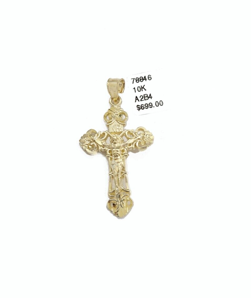 Real 10k Yellow Gold Jesus Cross Charm Rope Chain Necklace 3mm 26'' Pendant 10kt