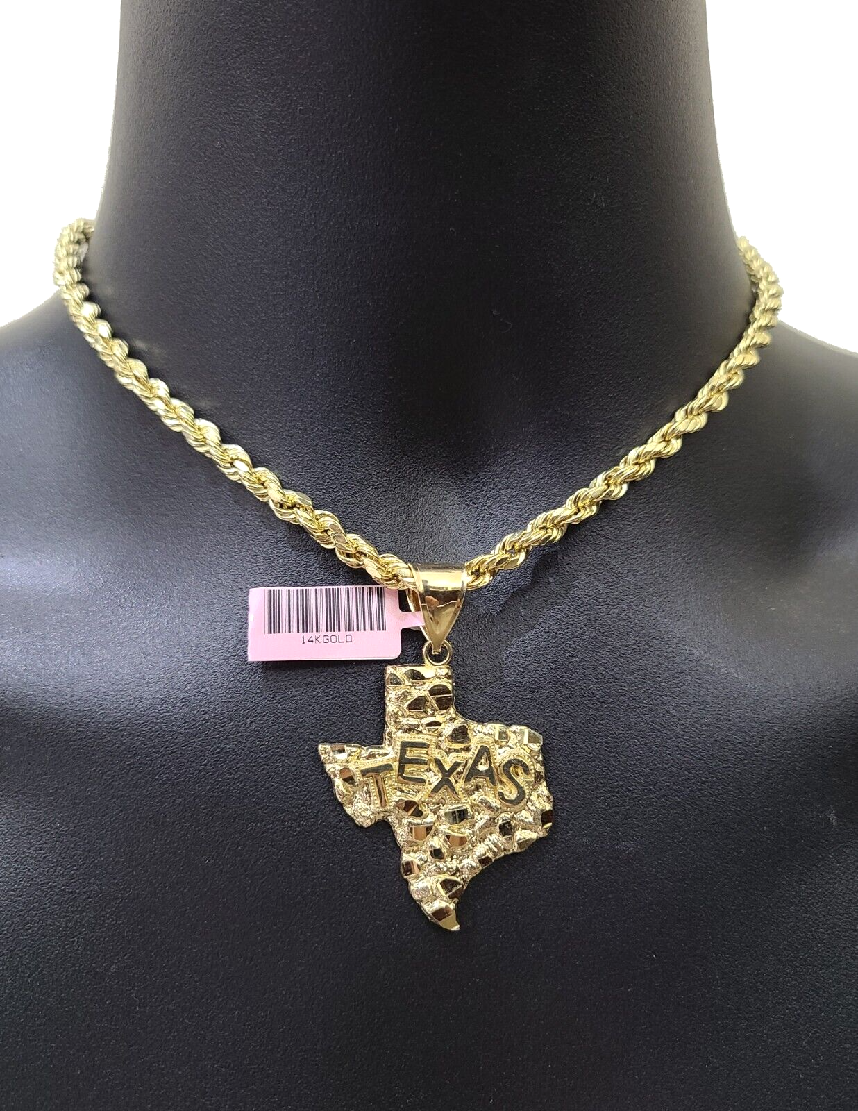 14k Yellow Gold Rope Chain 22'' Inch Necklace Texas Map Charm Pendant Real 14kt