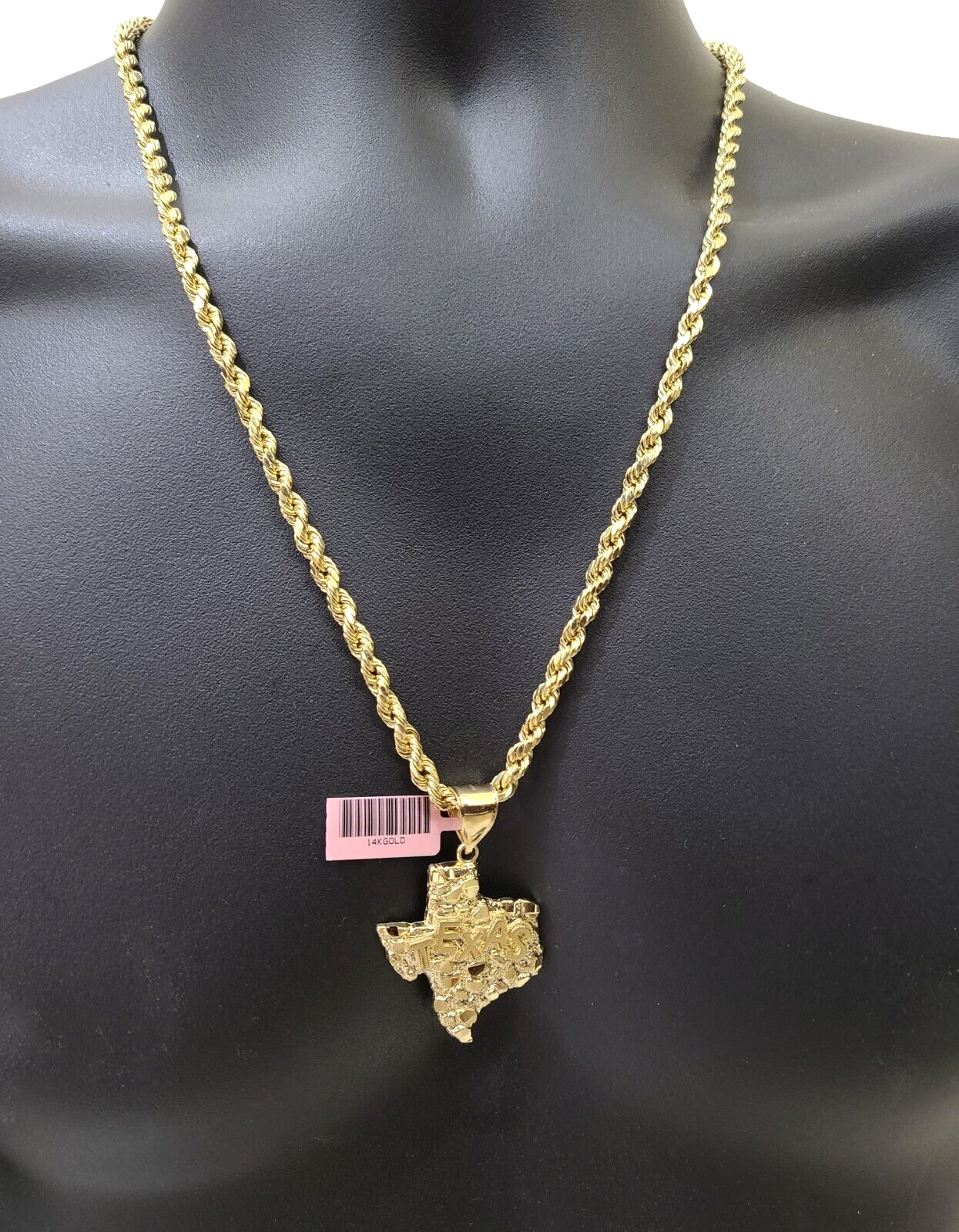 14k Yellow Gold Rope Chain 24'' Inch Necklace Texas Map Charm Pendant Real 14kt