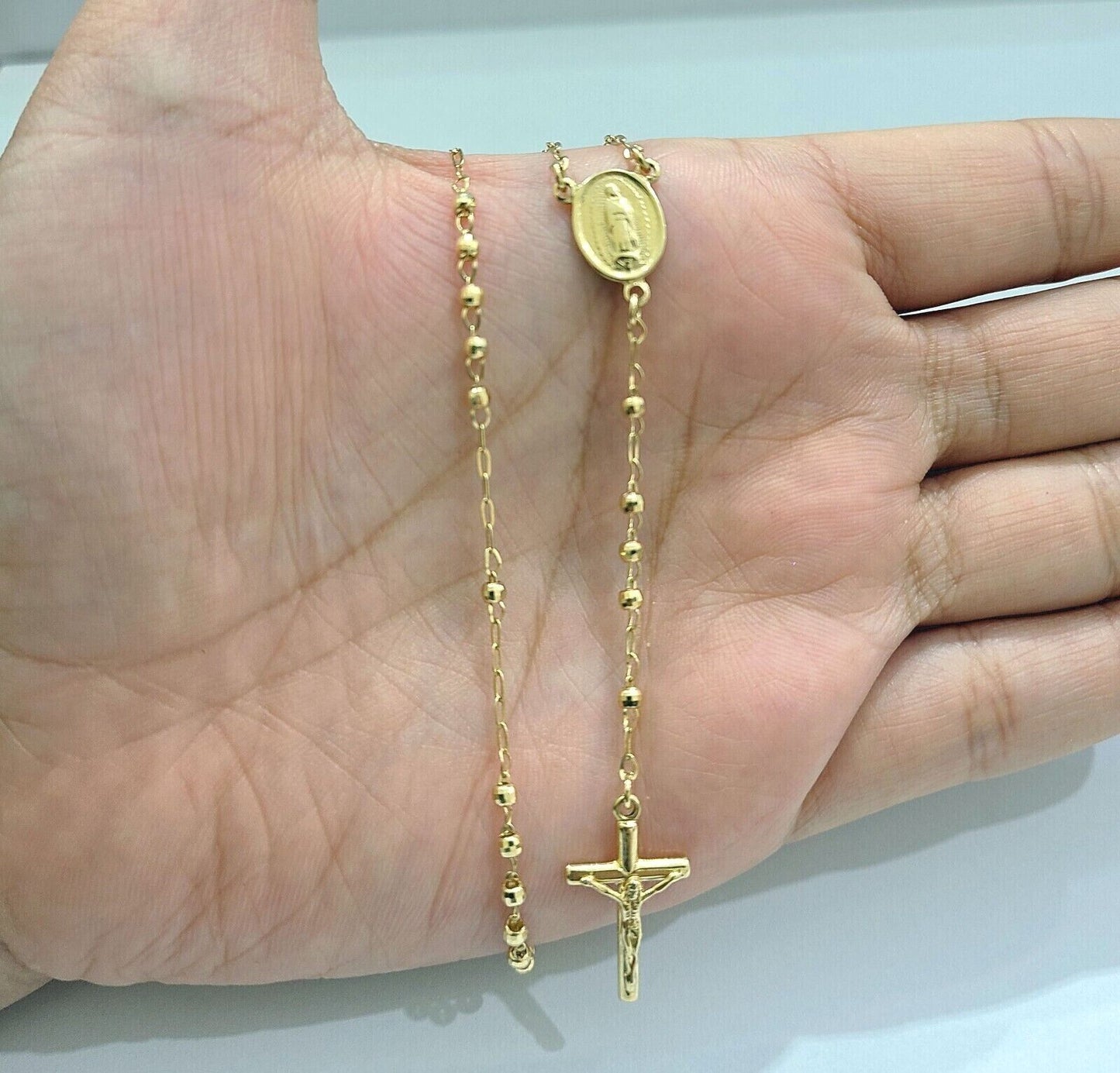 Real 14k Yellow Gold 2mm Rosary Chain 18" inch Necklace And Jesus cross Pendant