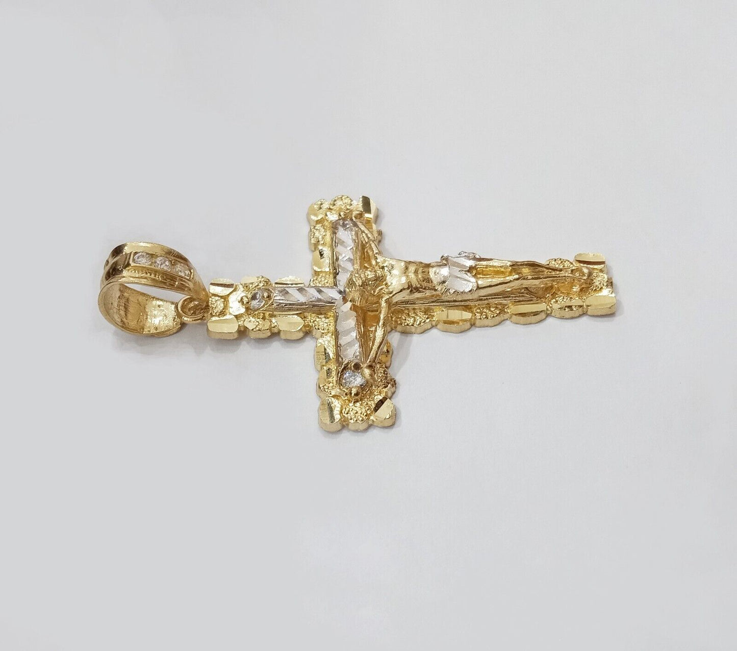 Real 14k Yellow Gold Nugget Jesus Cross Charm Pendant 2" 14kt Gold