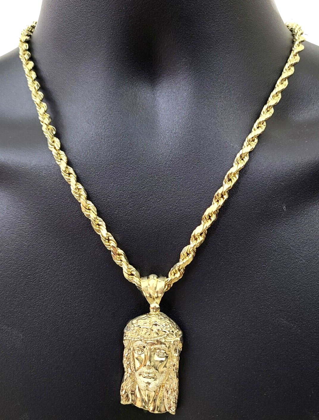 10K Gold Jesus Head Charm Rope Chain Necklace 6mm 24'' Set & Pendant 10kt Real