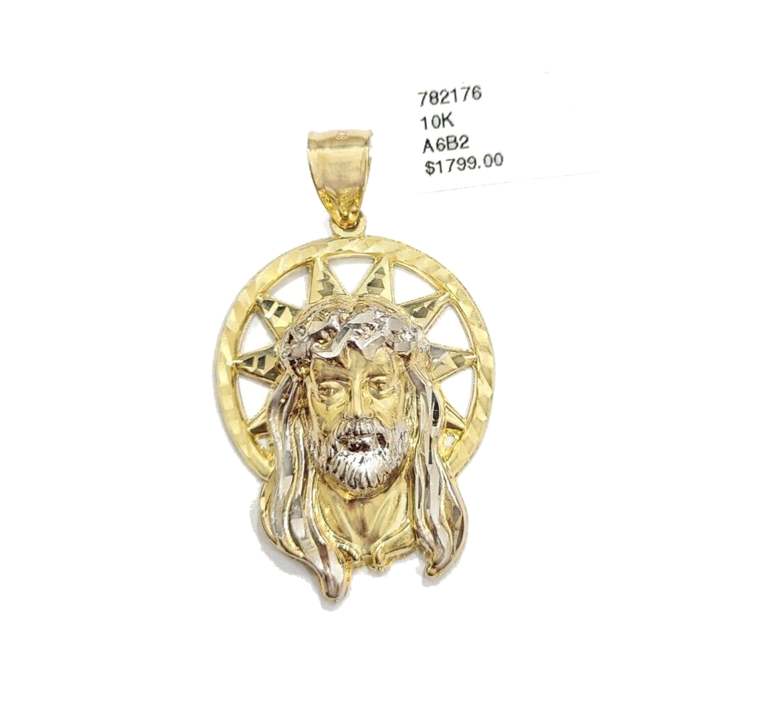 10k Gold Circular Jesus Star Head Charm Rope Chain Necklace 6mm 30'' Set Pendant