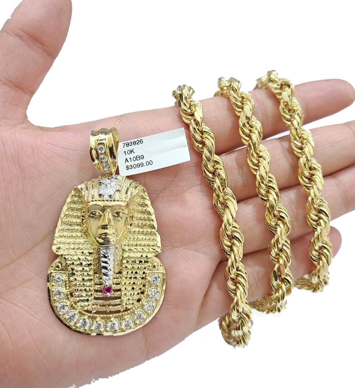 10k Gold Pharaoh Head Charm Rope Chain Necklace 8mm 22'' Set & Pendant 10kt REAL