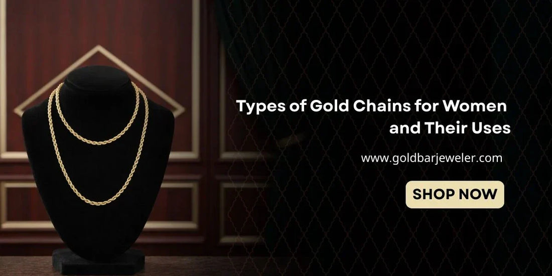 A gold rope chain displayed on a black bust with the title 'Types of Gold Chains for Women and Their Uses