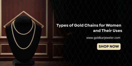A gold rope chain displayed on a black bust with the title 'Types of Gold Chains for Women and Their Uses