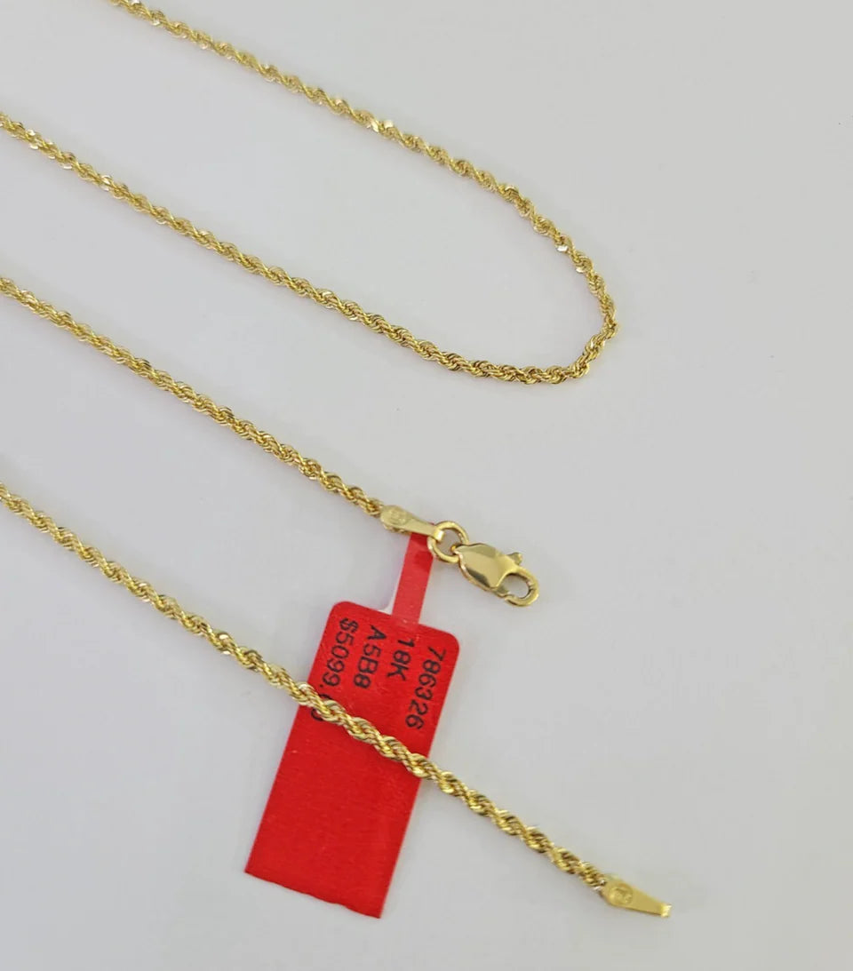 Real 18k Rope Chain Necklace 22 Inches 1mm Yellow Gold Men Women 18KT SOLID
