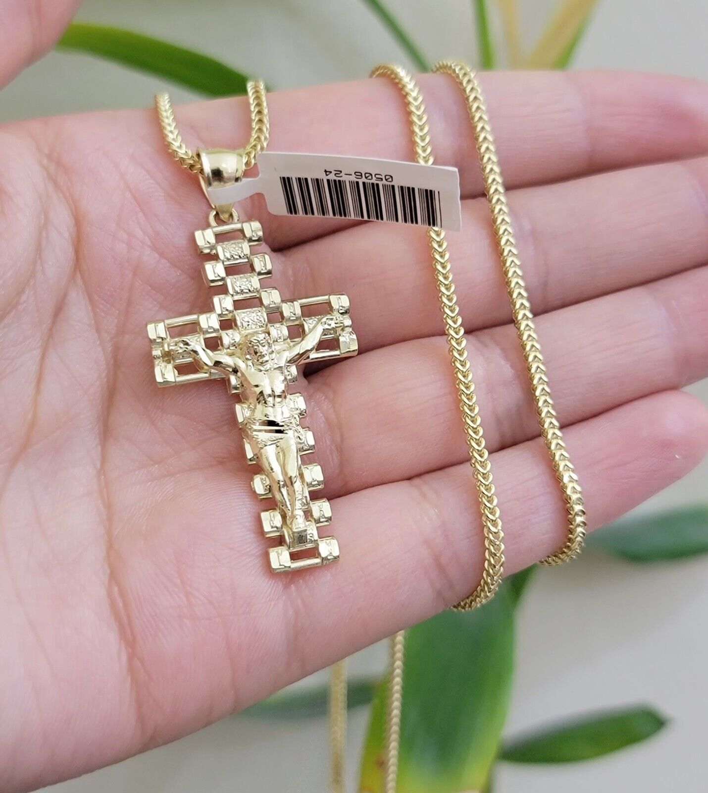 Real 10k Gold Franco Chain Cross Charm SET 18-24 Inch 2mm Necklace Jesus Pendant