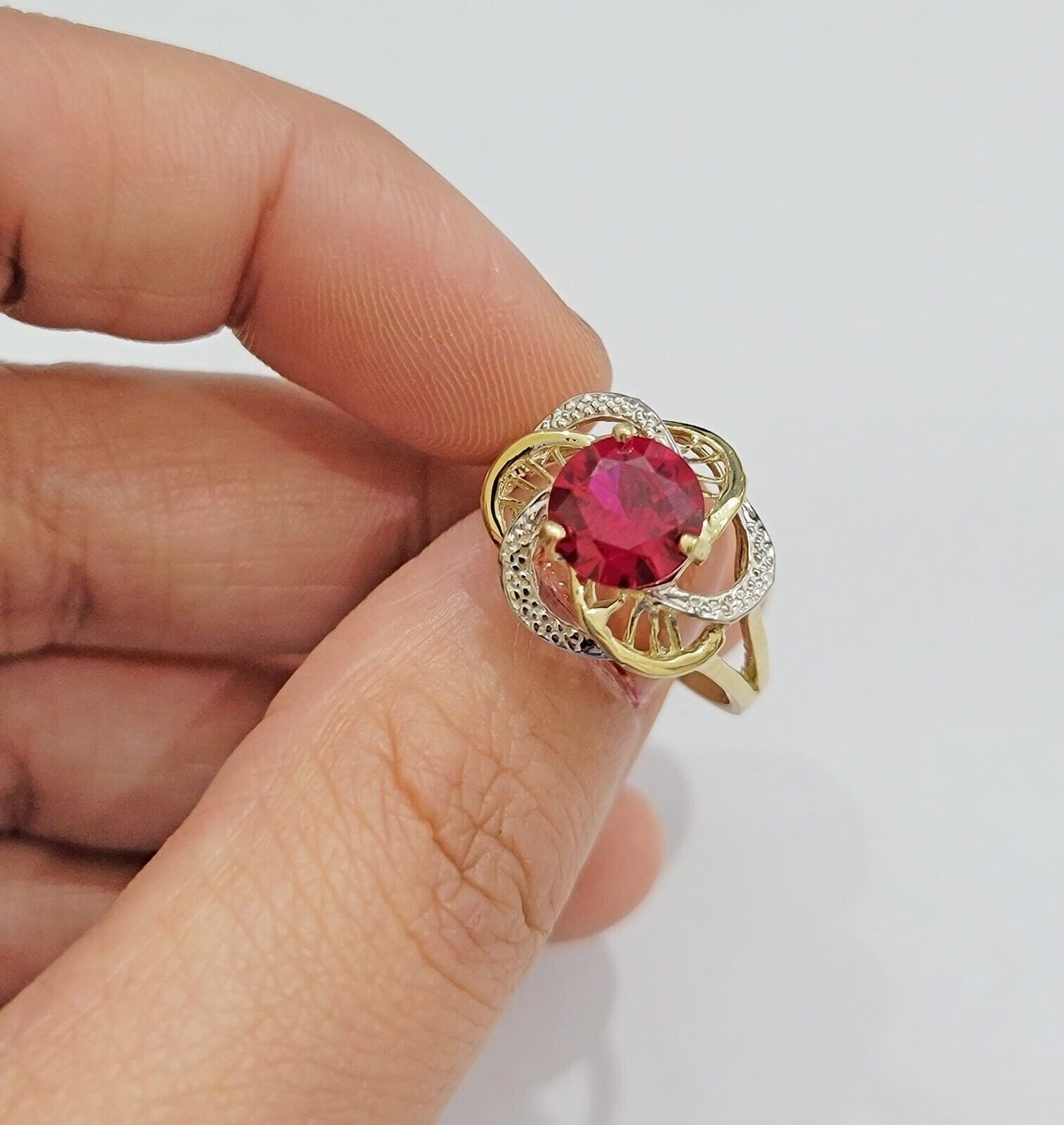 10k Yellow Gold Women Ring Pink Red Color Ladies Flower Band REAL 10KT Size 7.5