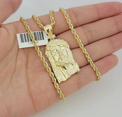 Real 10k Gold Rope Chain Jesus Face Charm Pendant Set 3mm Necklace 18"-26" SOLID