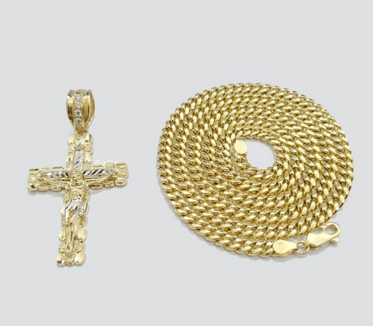 Real 10k Gold Cross Pendant 20 Inch Necklace SET Chain 5mm Miami Cuban Link 10KT