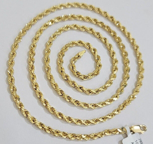 Real 10k Yellow Gold Rope Chain 3mm Necklace 16" - 28 Inch Diamond Cut men Women