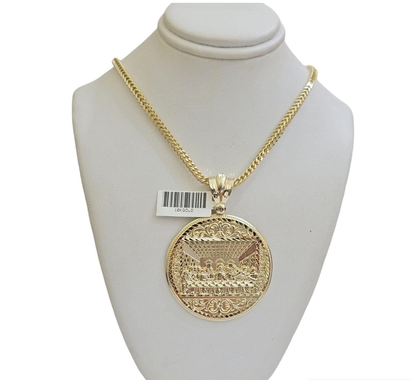 10k Yellow Gold Necklace 22" Franco Chain & Last Supper Charm Pendant SET REAL