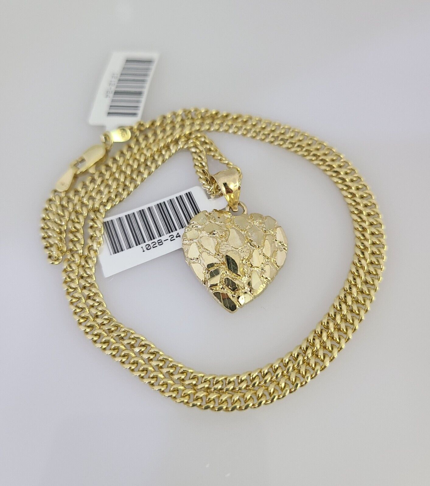 Real 10k Gold Chain Pendant SET Nugget Heart Charm Miami Cuban Link Necklace 2mm