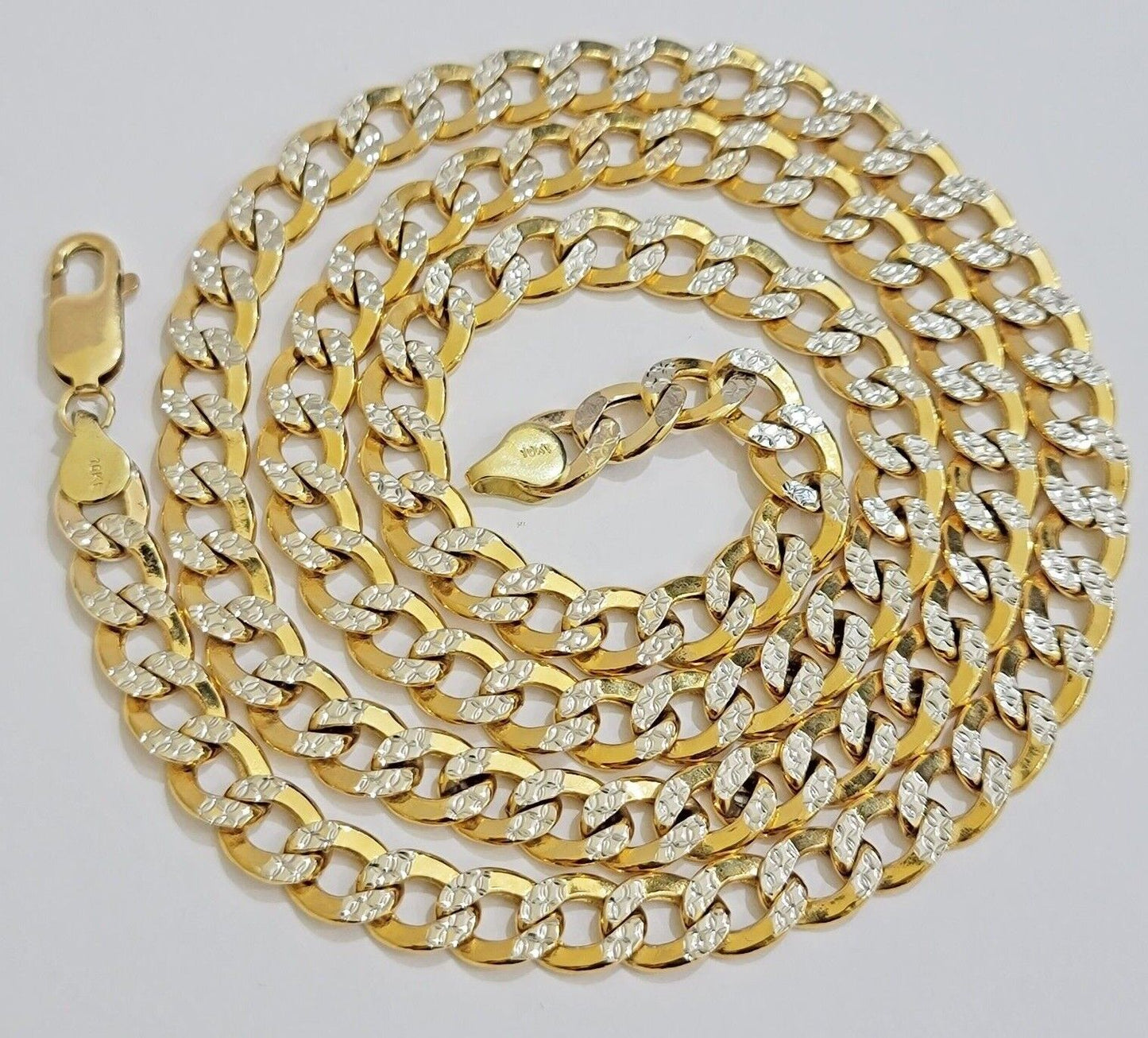 Real 10k Yellow Gold Chain Curb Link Necklace 8mm 18-30 Inch Diamond Cut Twotone