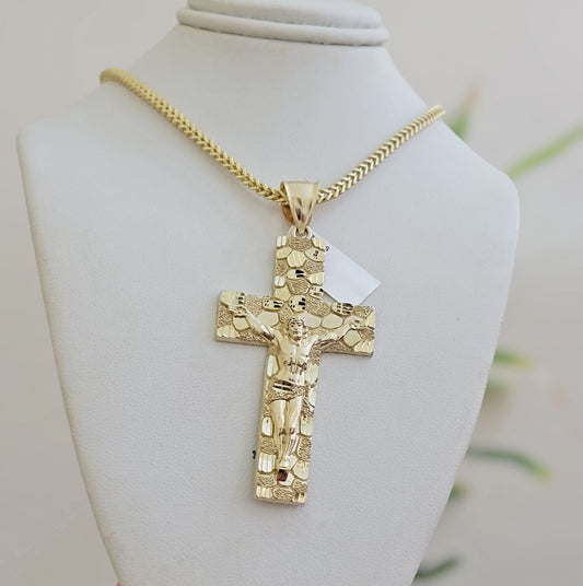 REAL 10k Gold Franco Necklace Nugget Cross Pendant SET 24 Inch 3mm Chain & Charm