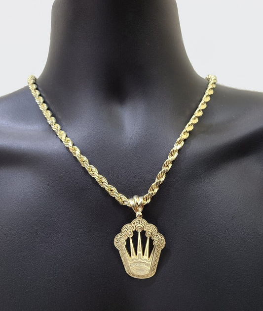 10k Yellow Gold Crown Charm Rope Chain 7mm 22'' Necklace Pendant 10kt Real SALE