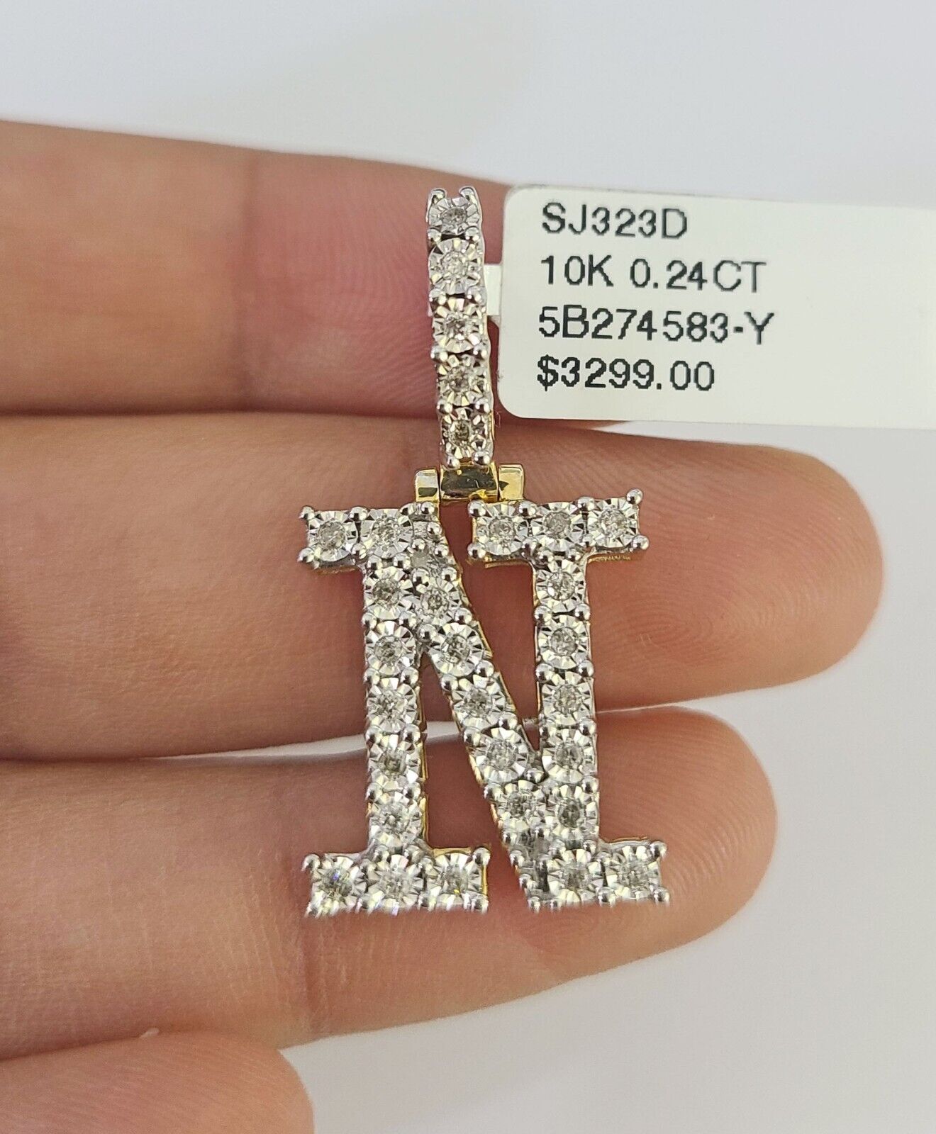 Real 10k Gold Necklace Chain Diamond N Alphabet Charm SET 3mm Miami Cuban Link