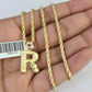 10k Gold Initial R Charm Rope Chain 16"-26" 2.5mm SET Necklace Alphabet Pendant