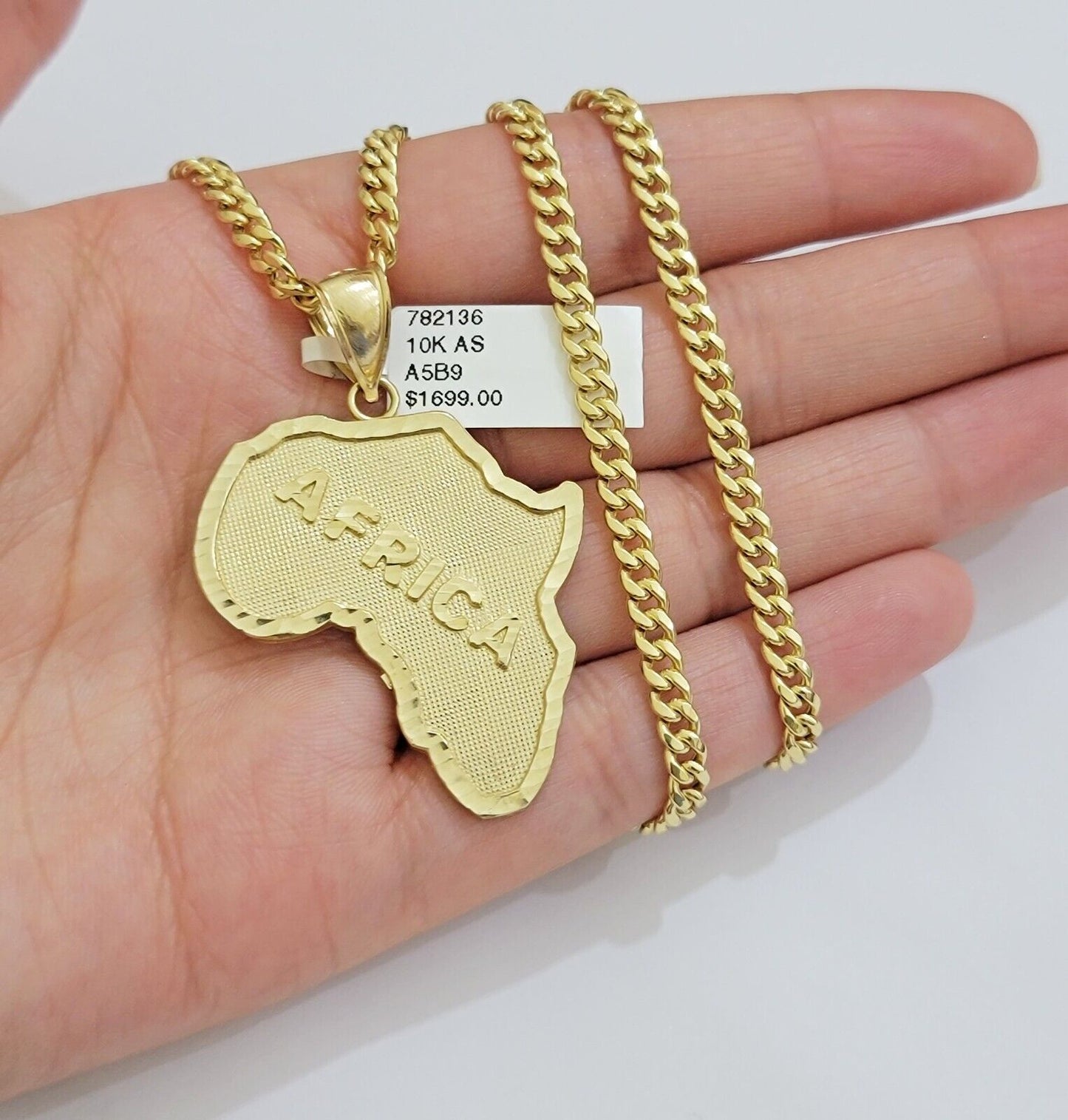 Real 10k Gold Chain & AFRICA Map Charm Pendant SET 24 Inch Cuban Link Necklace