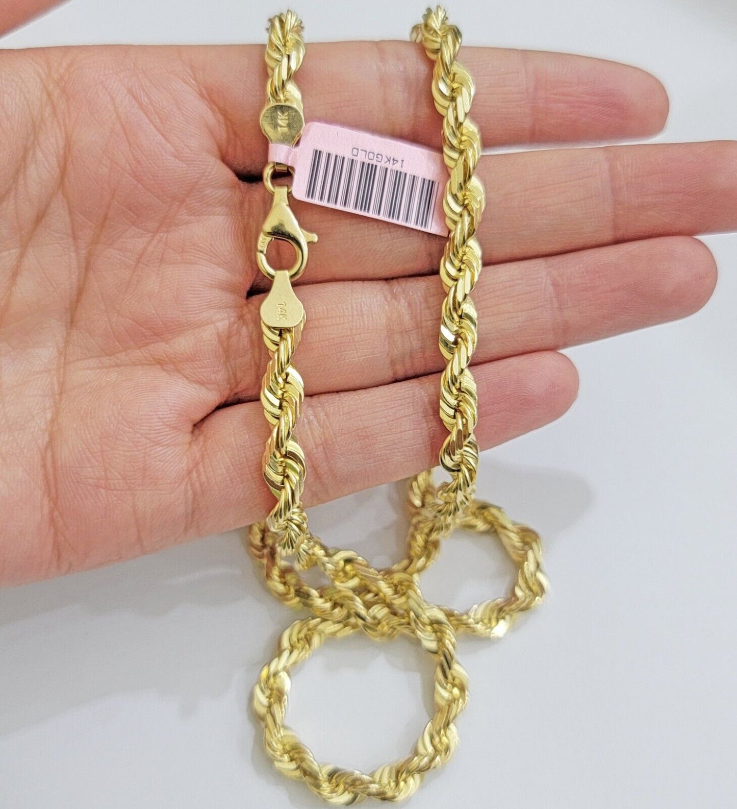 Solid 14k Gold Rope Chain Necklace 20 Inch 6mm Real 14kt Yellow Gold Diamond Cut