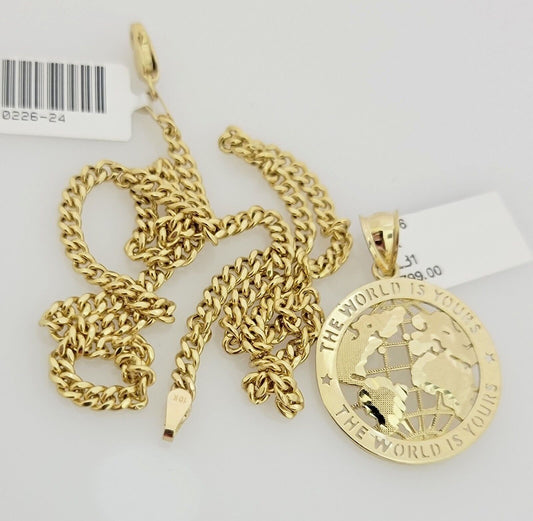 Real 10k Gold Chain Pendant SET World's Your Charm Miami Cuban Link Necklace 22"