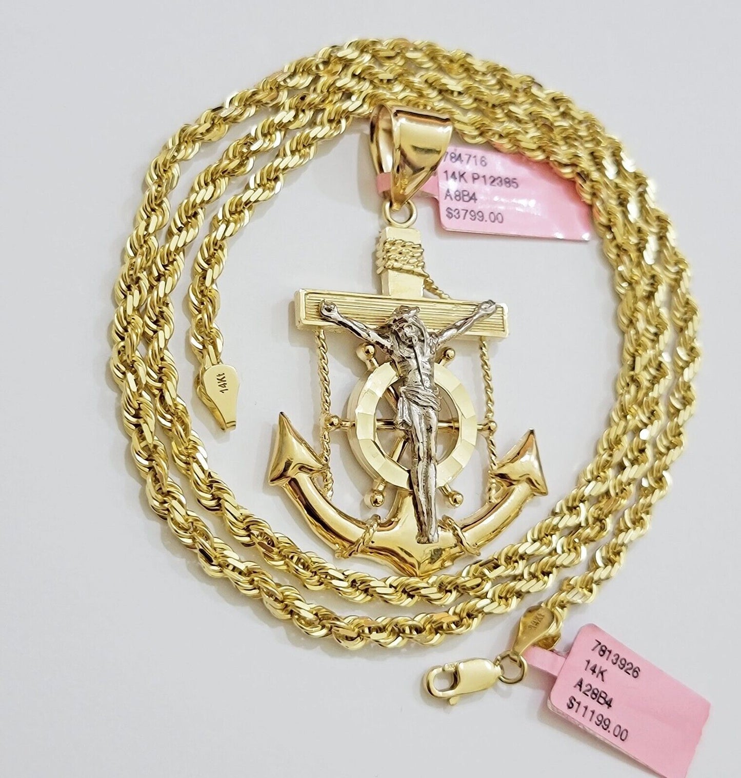 REAL 14k Gold Rope Necklace Anchor Charm Pendant SET SOLID 4mm 24 Inch Necklace