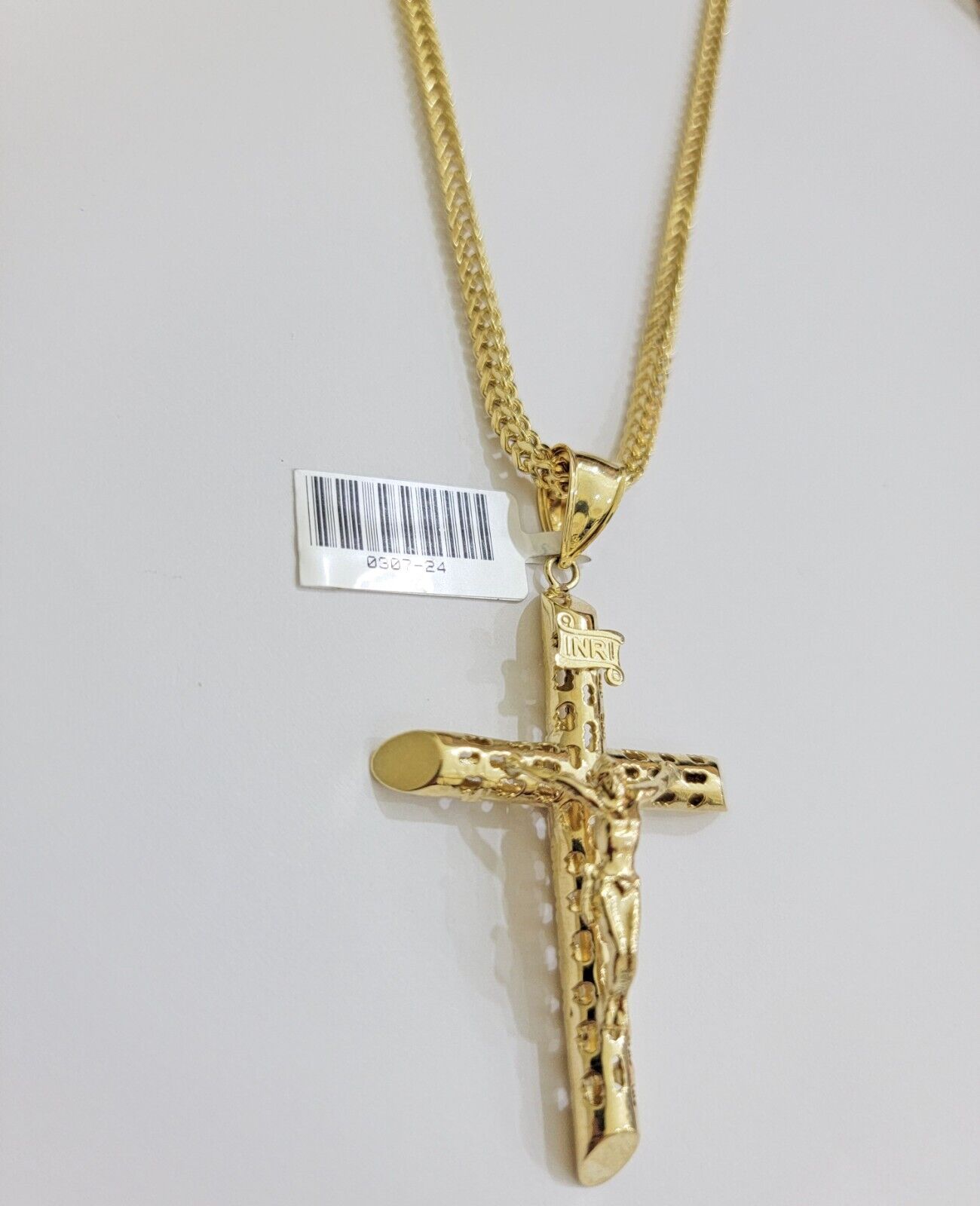 REAL 10k Yellow Gold Franco Necklace Cross Pendant Chain 24 Inch &Jesus Crucifix