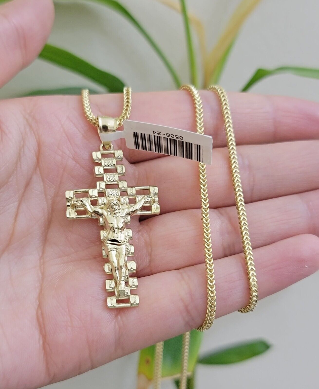 Real 10k Gold Franco Chain Cross Charm SET 20 Inch 2mm Necklace Jesus Pendant