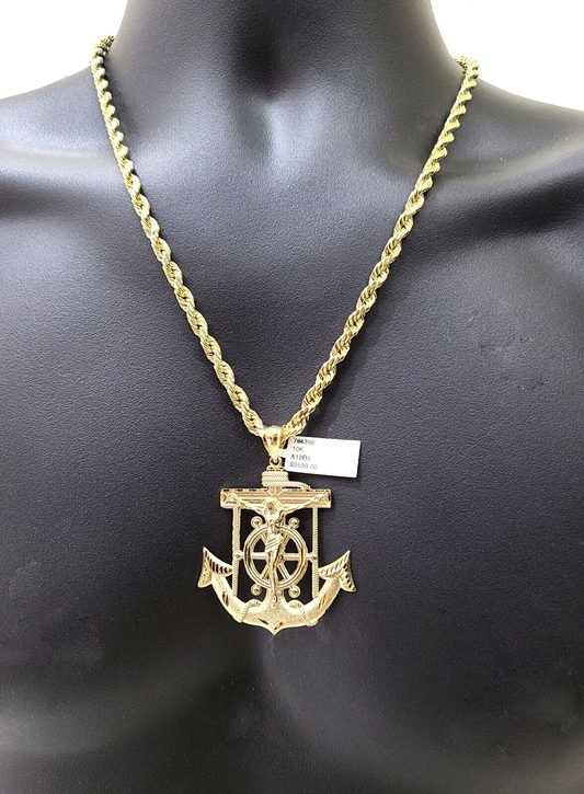 Real 10k Yellow Gold  Rope Chain 22'' Necklace anchor cross charm pendant