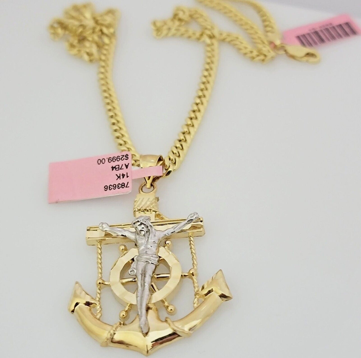 Real 14k Gold Necklace Anchor Charm Pendant SET Miami Cuban Link Chain 5mm 22"