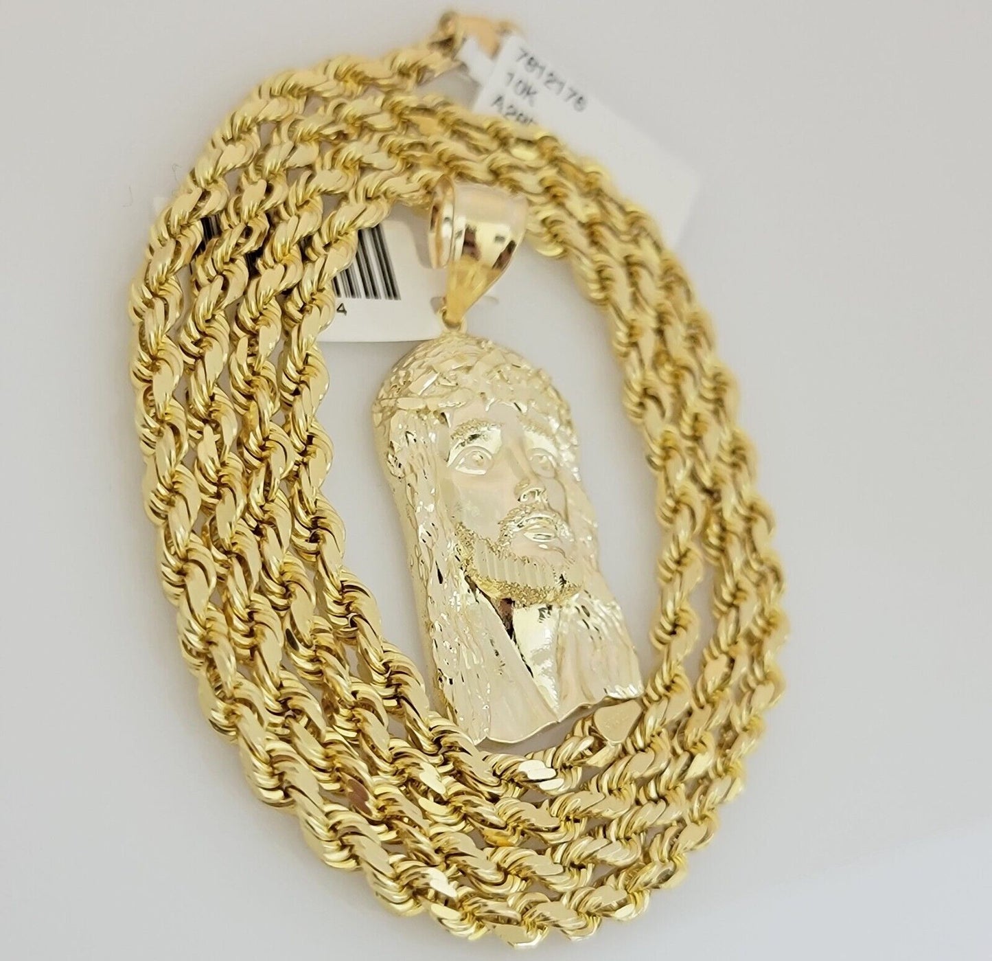 Solid 10k Gold Rope Chain Pendant SET Jesus Face Charm Necklace 4mm 20" Choker