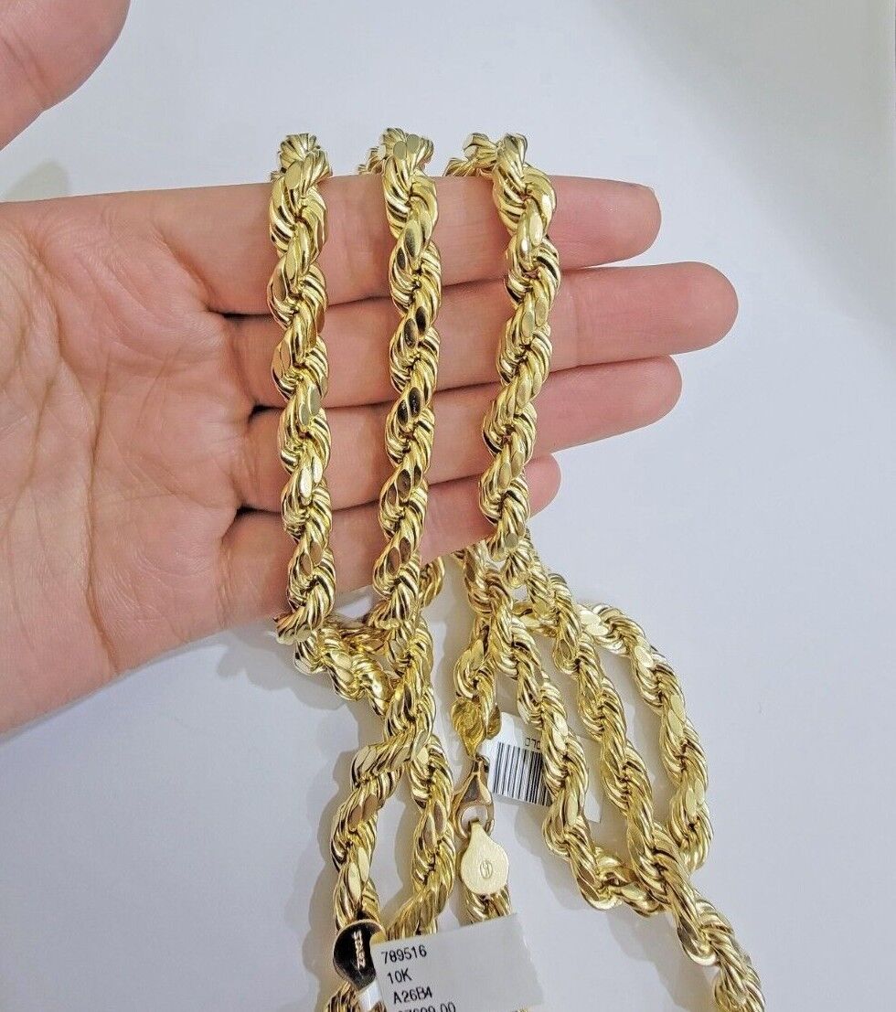 Real 10k Yellow Gold 8mm Rope Chain Necklace 18 in- 30 Inch Diamond Cuts 10kt