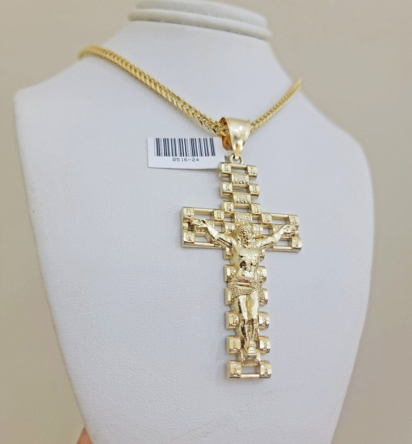 REAL 10k Gold Cross Pendant Franco Chain Necklace 24" Inch SET & Jesus Crucifix