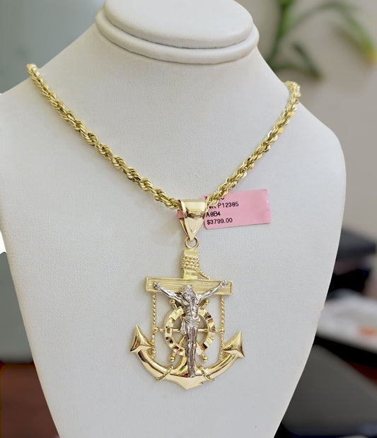 REAL 14k Gold Rope Necklace Anchor Charm Pendant SET SOLID 4mm 22 Inch Necklace