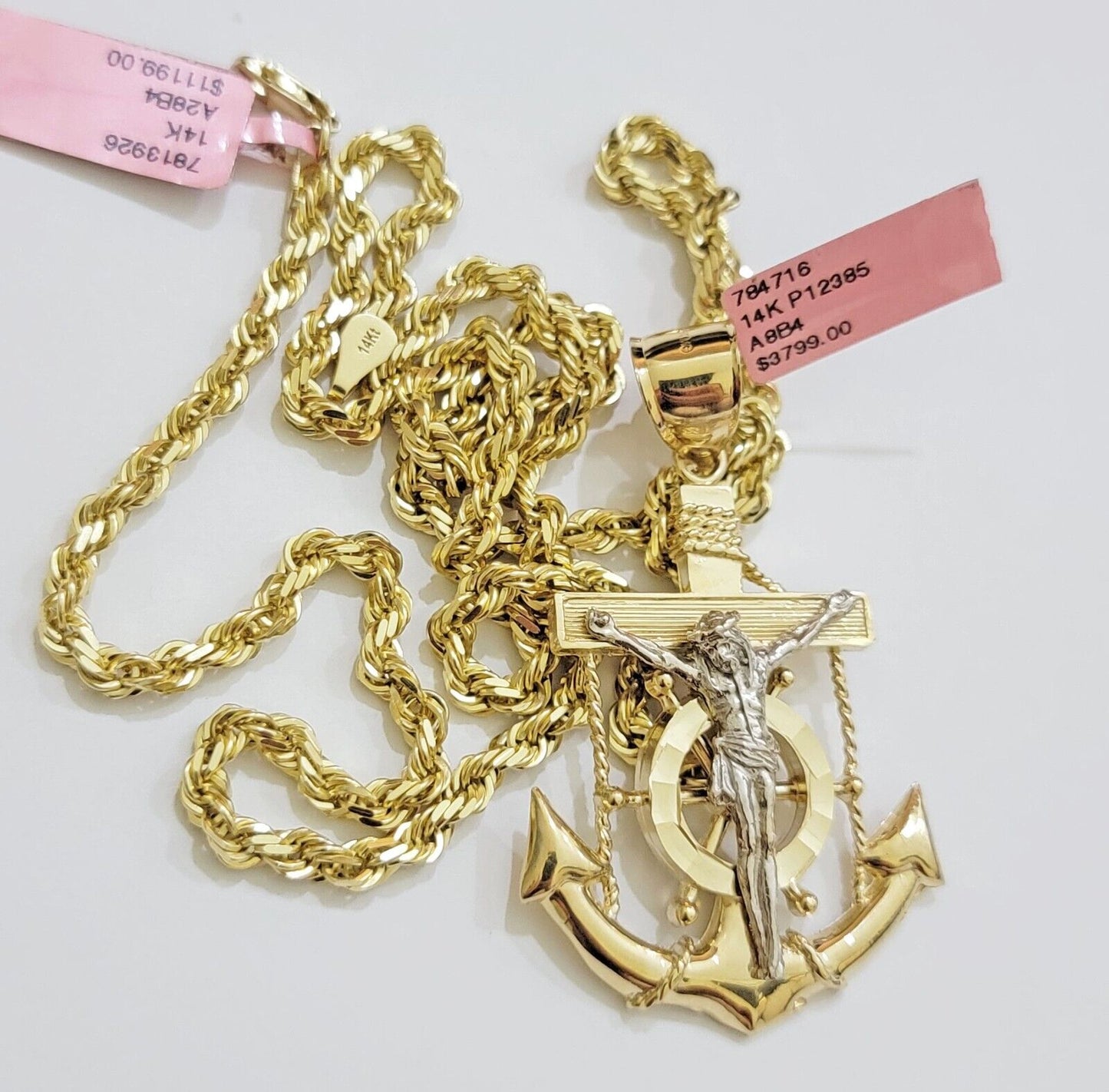 REAL 14k Gold Rope Necklace Anchor Charm Pendant SET SOLID 4mm 24 Inch Necklace