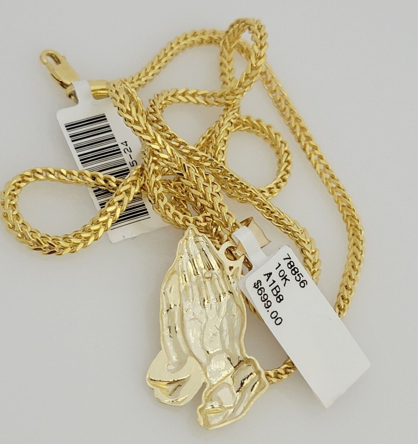 Real 10k Gold Franco Chain Praying Hand Charm pendant Set 2.5mm Necklace 22 Inch