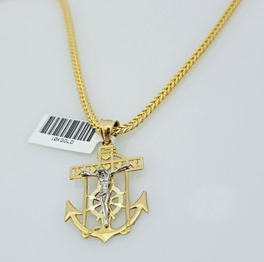 Real 10k Gold Chain Pendant Set Franco Necklace Anchor Cross Charm 2.5mm 18"-24"