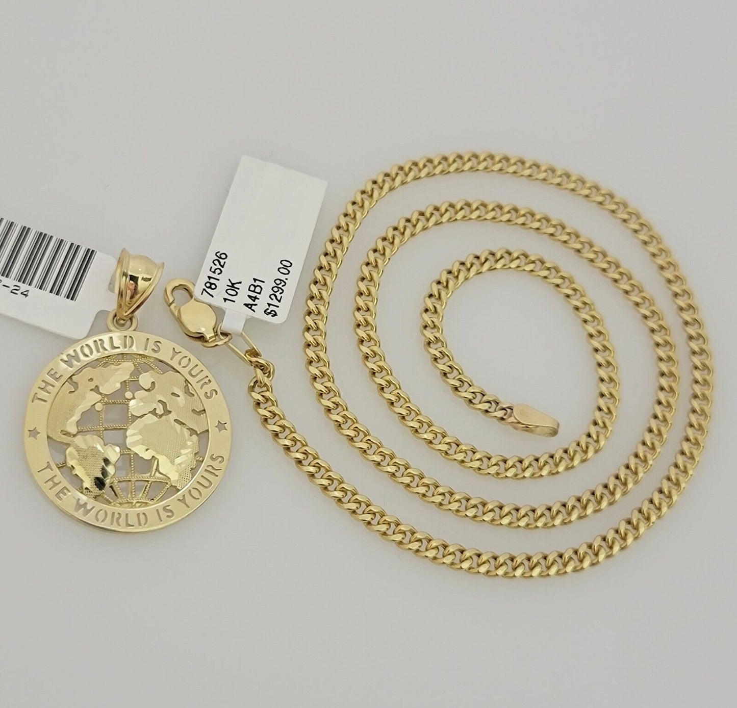 Real 10k Gold Chain Pendant SET World's Your Charm Miami Cuban Link Necklace 24"