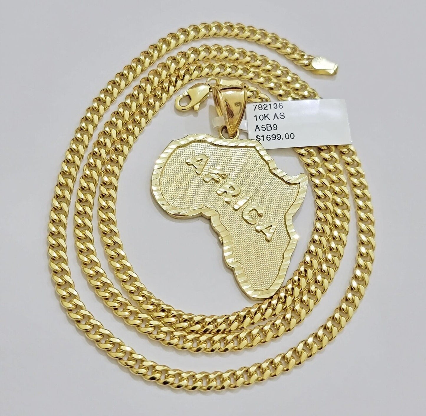 Real 10k Gold Miami Cuban Link Chain Necklace 4mm Africa Continent Charm Pendant