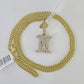 Real 10k Gold Necklace Chain Diamond N Alphabet Charm SET 3mm Miami Cuban Link