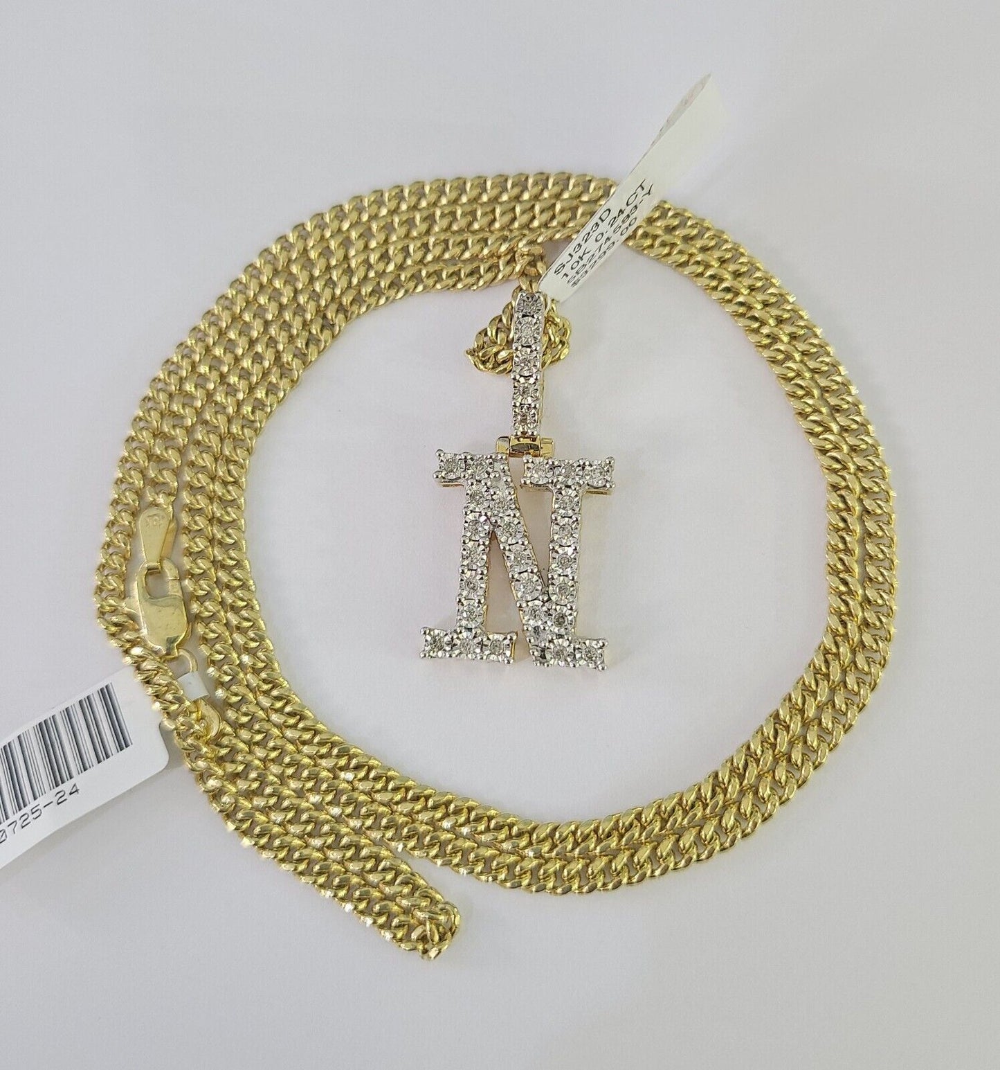 Real 10k Gold Necklace Chain Diamond N Alphabet Charm SET 3mm Miami Cuban Link