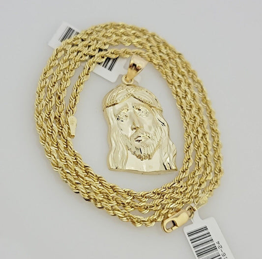 Real 10k Gold Rope Chain Jesus Head Charm Pendant Set 3mm Necklace 24 Inch SOLID