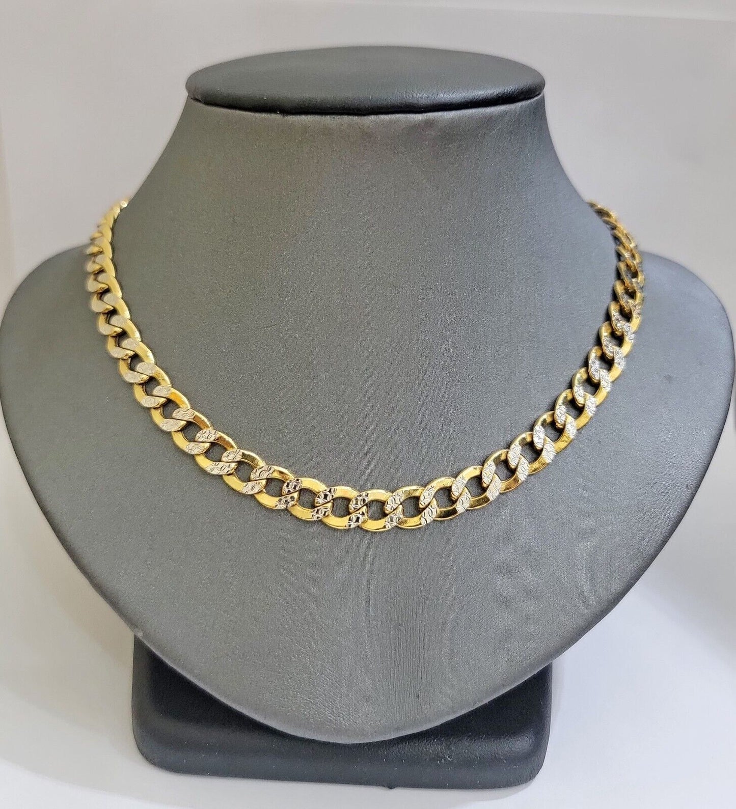 Real 10k Yellow Gold Chain Curb Link Necklace 8mm 18-30 Inch Diamond Cut Twotone