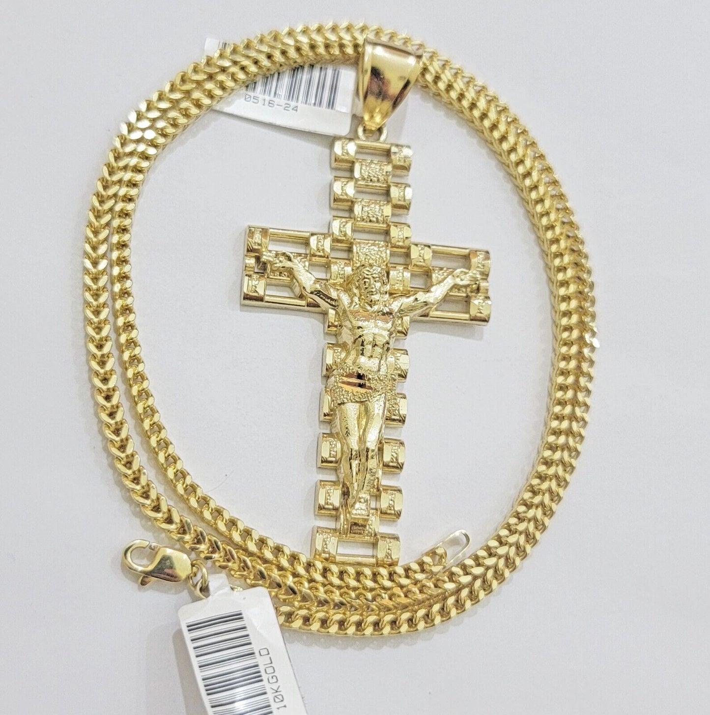 REAL 10k Gold Cross Pendant Franco Chain Necklace 24" Inch SET & Jesus Crucifix