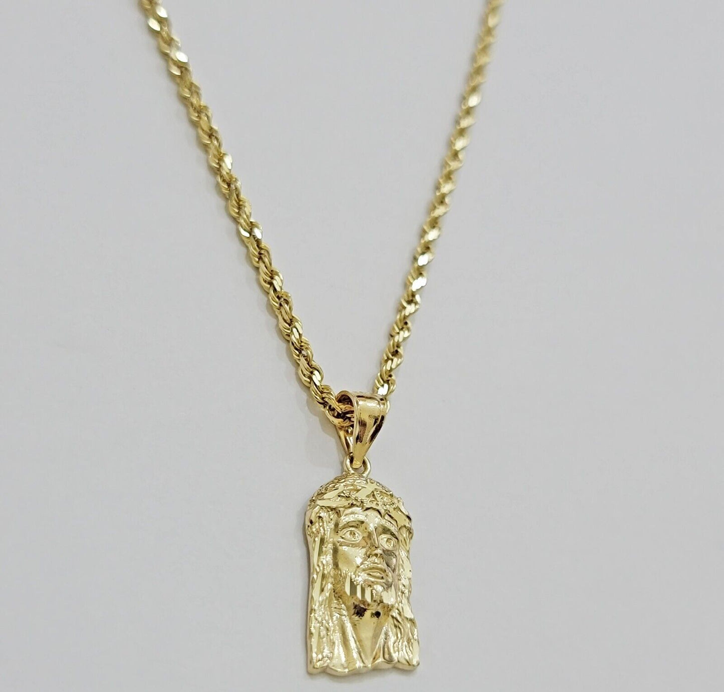 REAL 10k Gold Pendant & Solid Rope Chain Necklace 18" - 24 Inch Jesus Face Charm