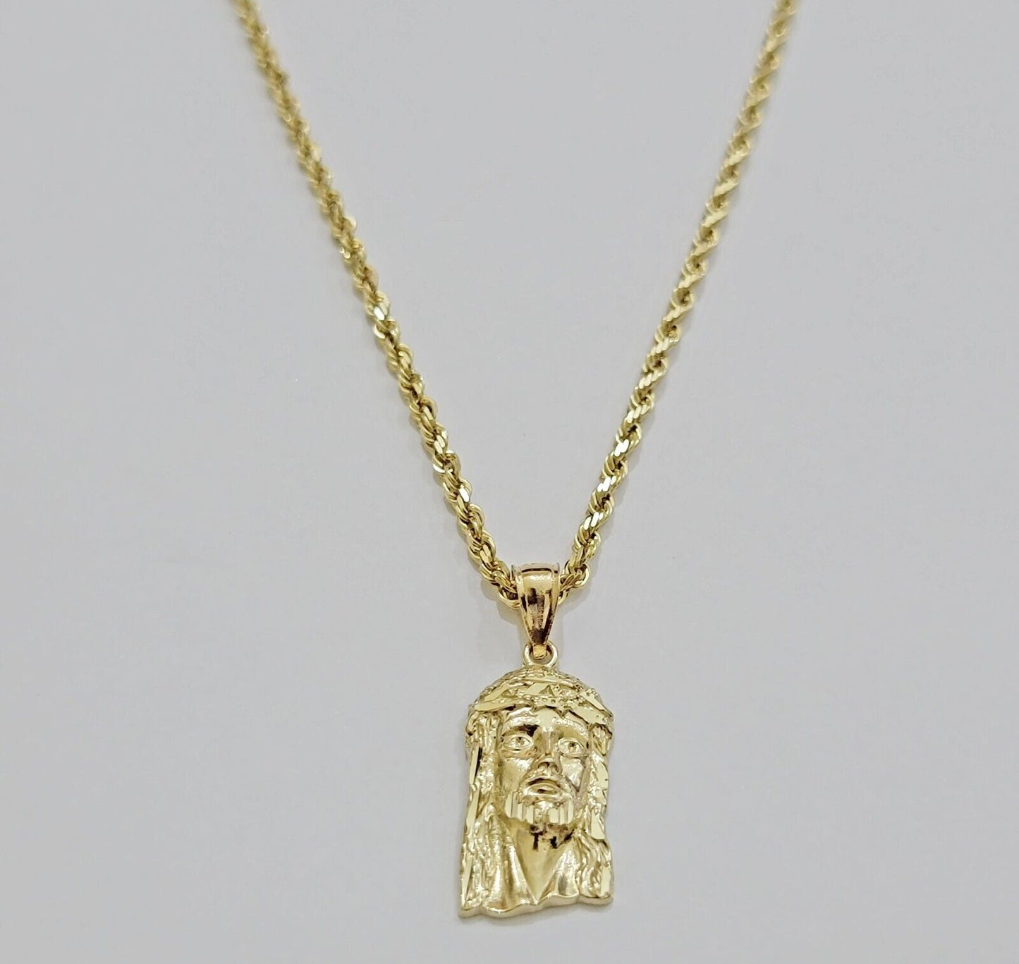 REAL 10k Gold Pendant & Solid Rope Chain Necklace 18" - 24 Inch Jesus Face Charm