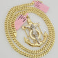 Real 14k Gold Miami Cuban Link Chain Jesus Anchor Charm Pendant SET 5mm Necklace