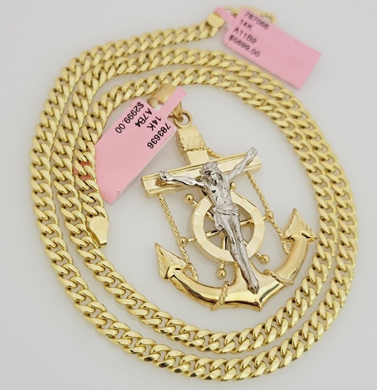 Real 14k Gold Miami Cuban Link Chain Jesus Anchor Charm Pendant SET 5mm Necklace